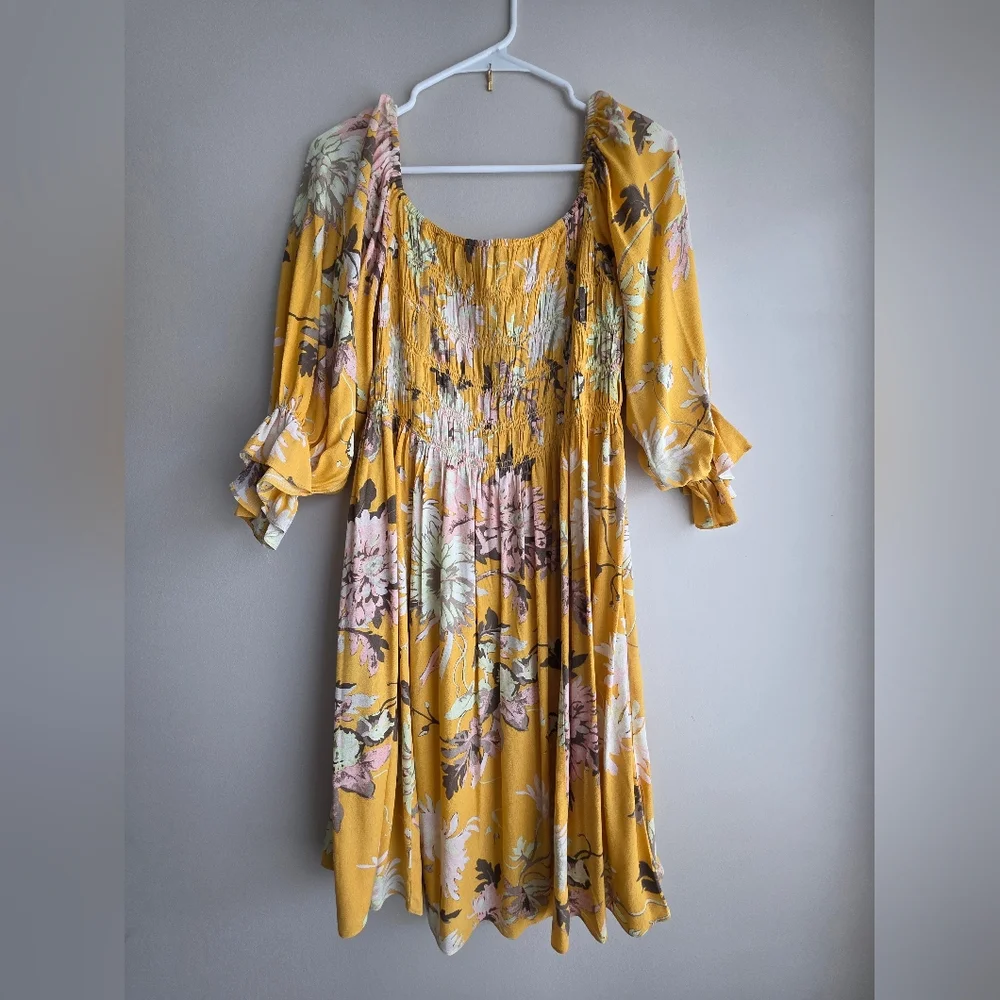 H&M Mustard Yellow Floral Smocked Off-The-Shoulder Mini Dress - Picture 4 of 12